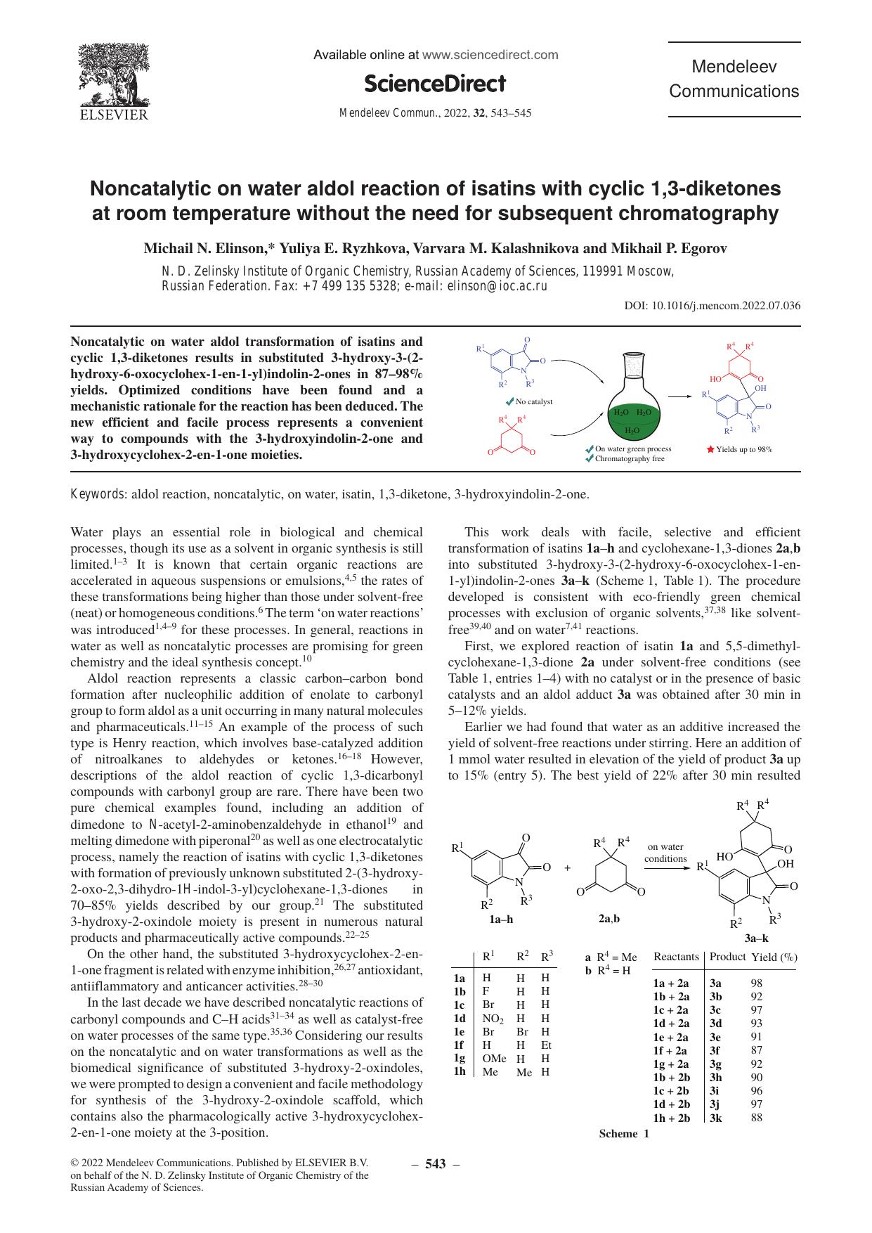 Noncatalytic on water aldol reaction of isatins with cyclic 1,3-diketones at room temperature without the need for subsequent chromatography by Michail N. Elinson & Yuliya E. Ryzhkova & Varvara M. Kalashnikova & Mikhail P. Egorov