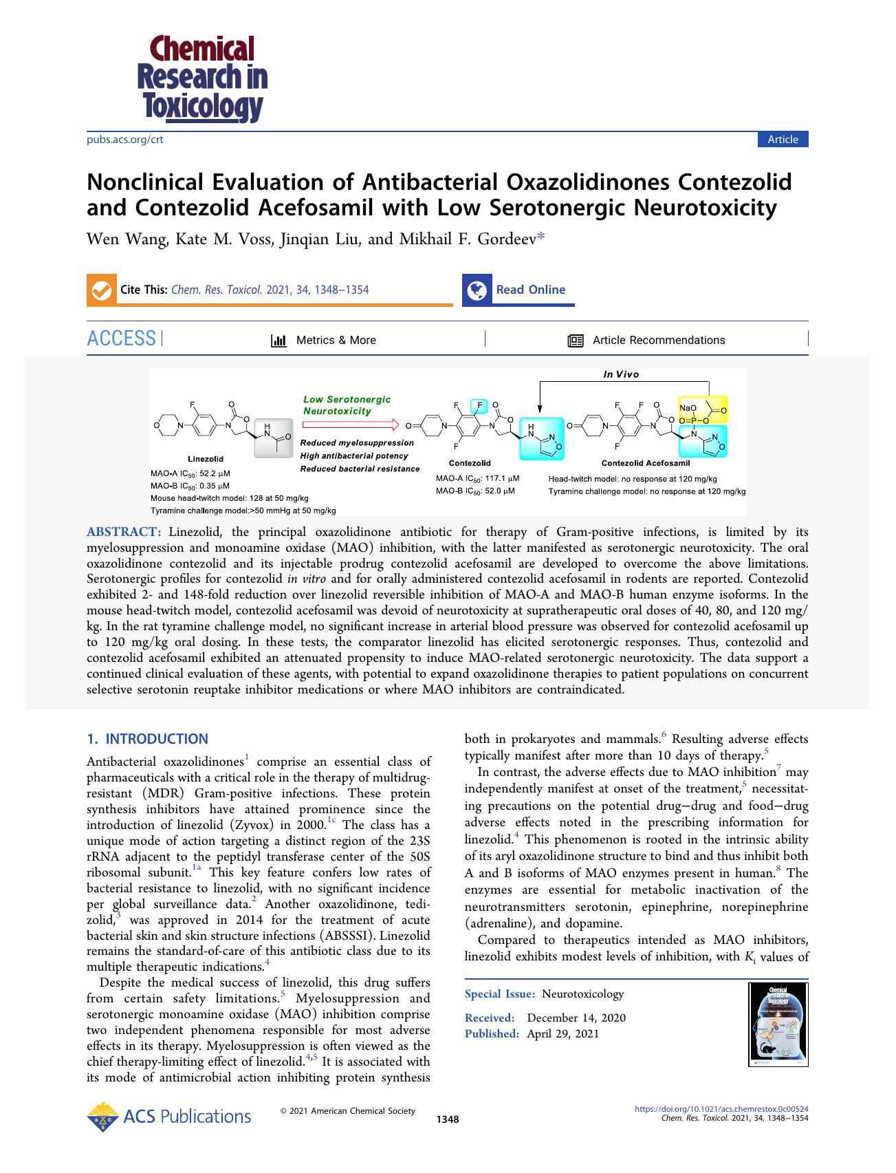 Nonclinical Evaluation of Antibacterial Oxazolidinones Contezolid and Contezolid Acefosamil with Low Serotonergic Neurotoxicity by Wen Wang Kate M. Voss Jinqian Liu and Mikhail F. Gordeev
