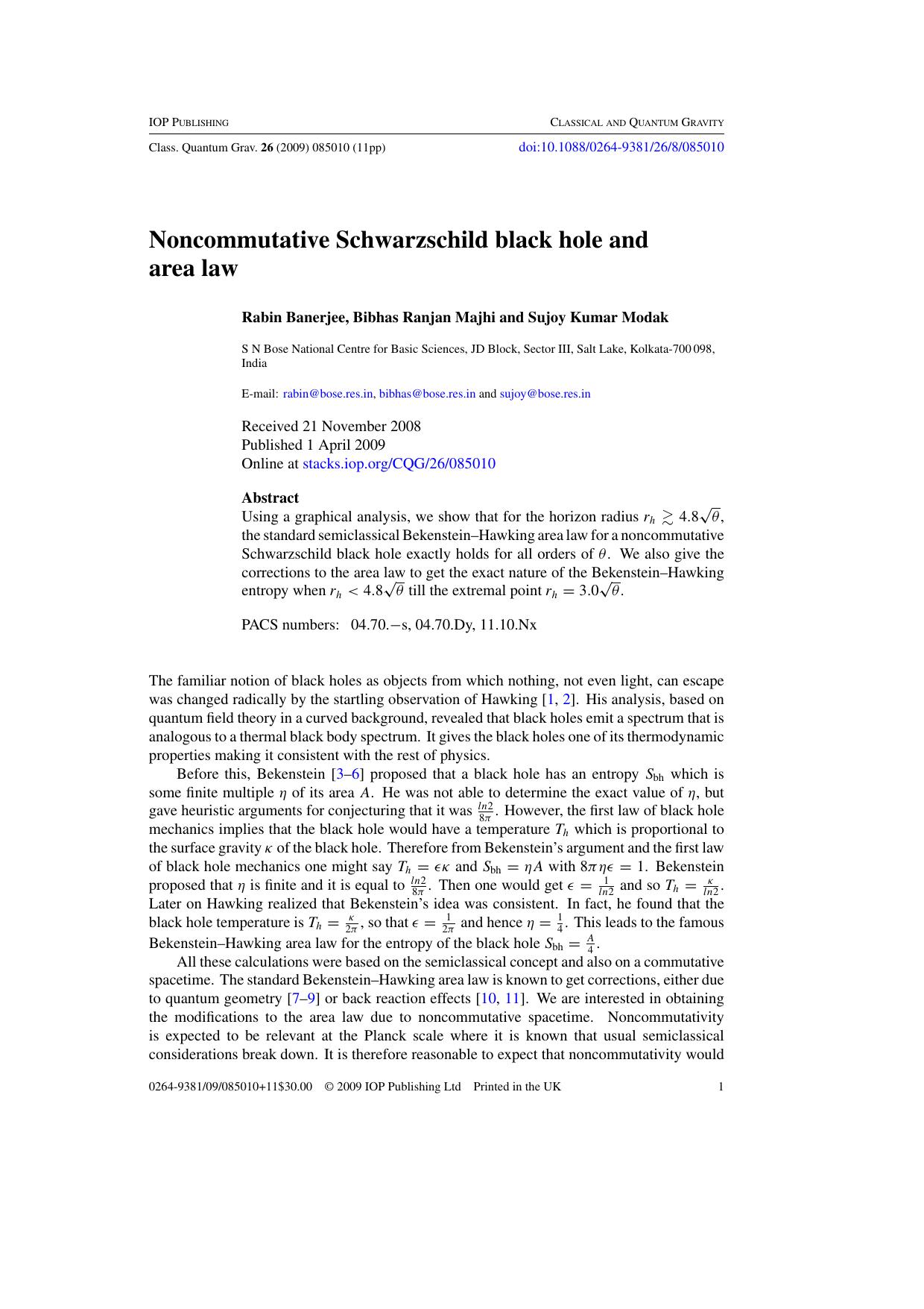 Noncommutative Schwarzschild black hole and area Law by R Banerjee et al