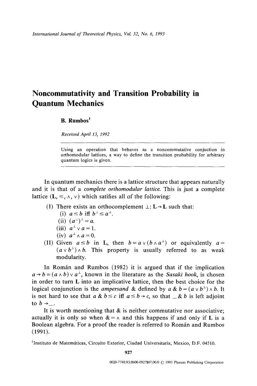 Noncommutativity and transition probability in quantum mechanics by Unknown