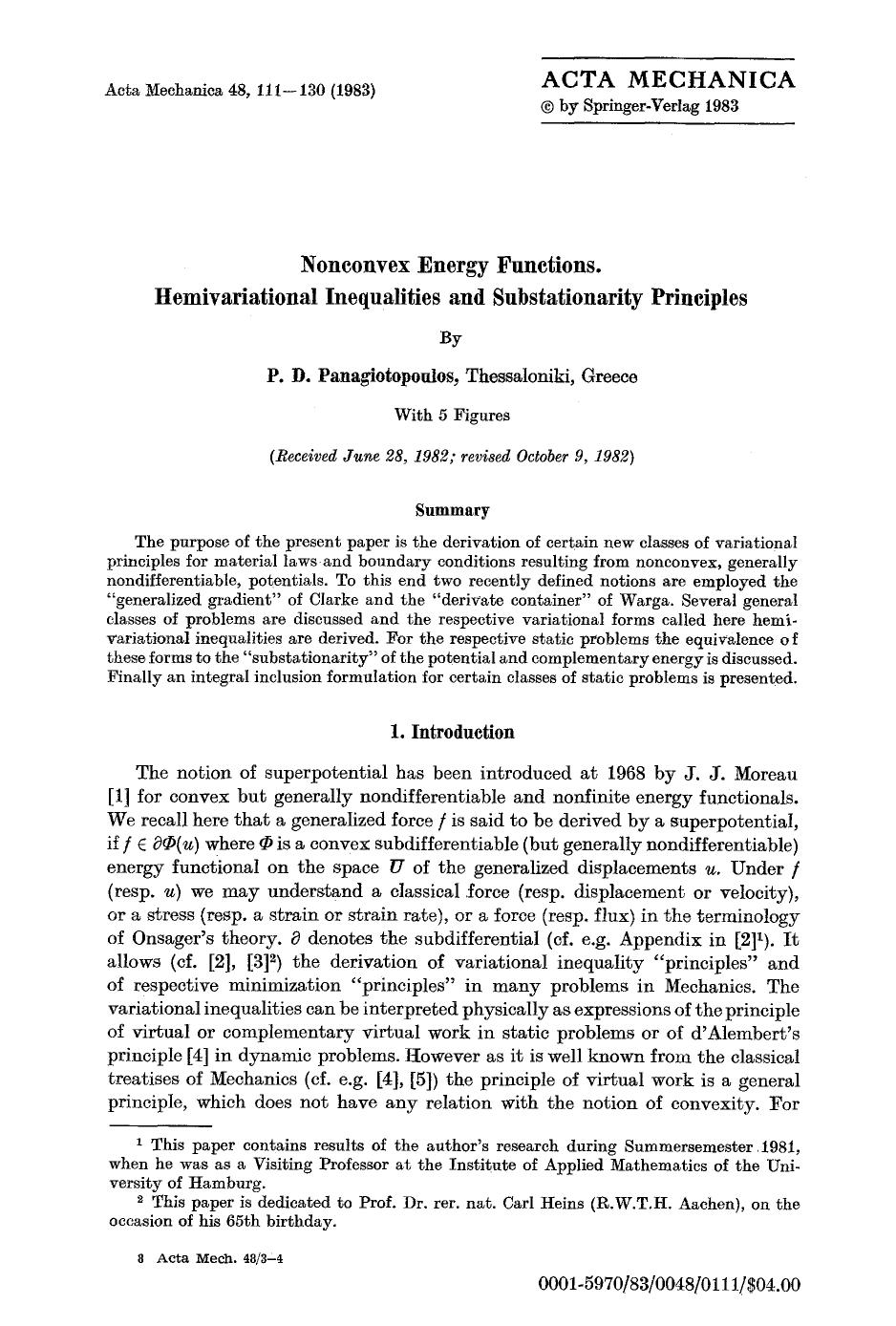 Nonconvex energy functions. Hemivariational inequalities and substationarity principles by Unknown