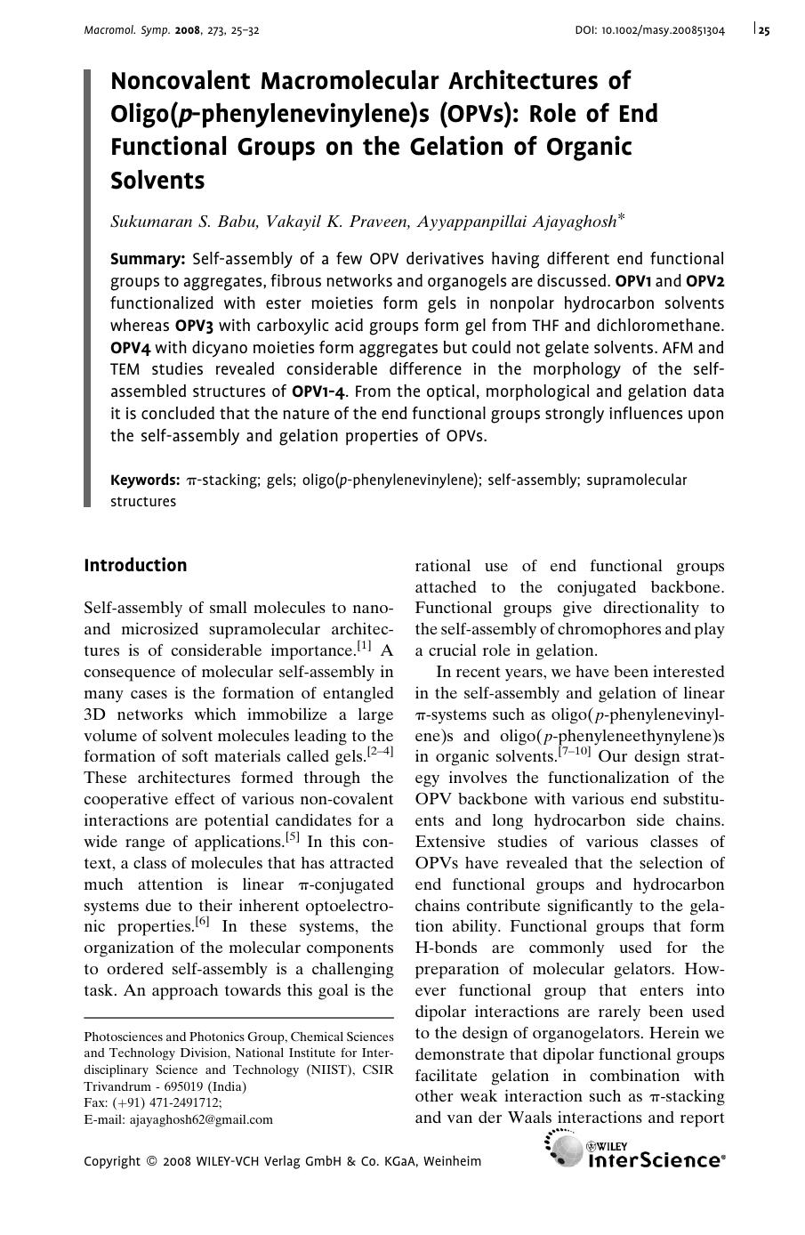 Noncovalent Macromolecular Architectures of Oligo(p-phenylenevinylene)s (OPVs): Role of End Functional Groups on the Gelation of Organic Solvents by Unknown