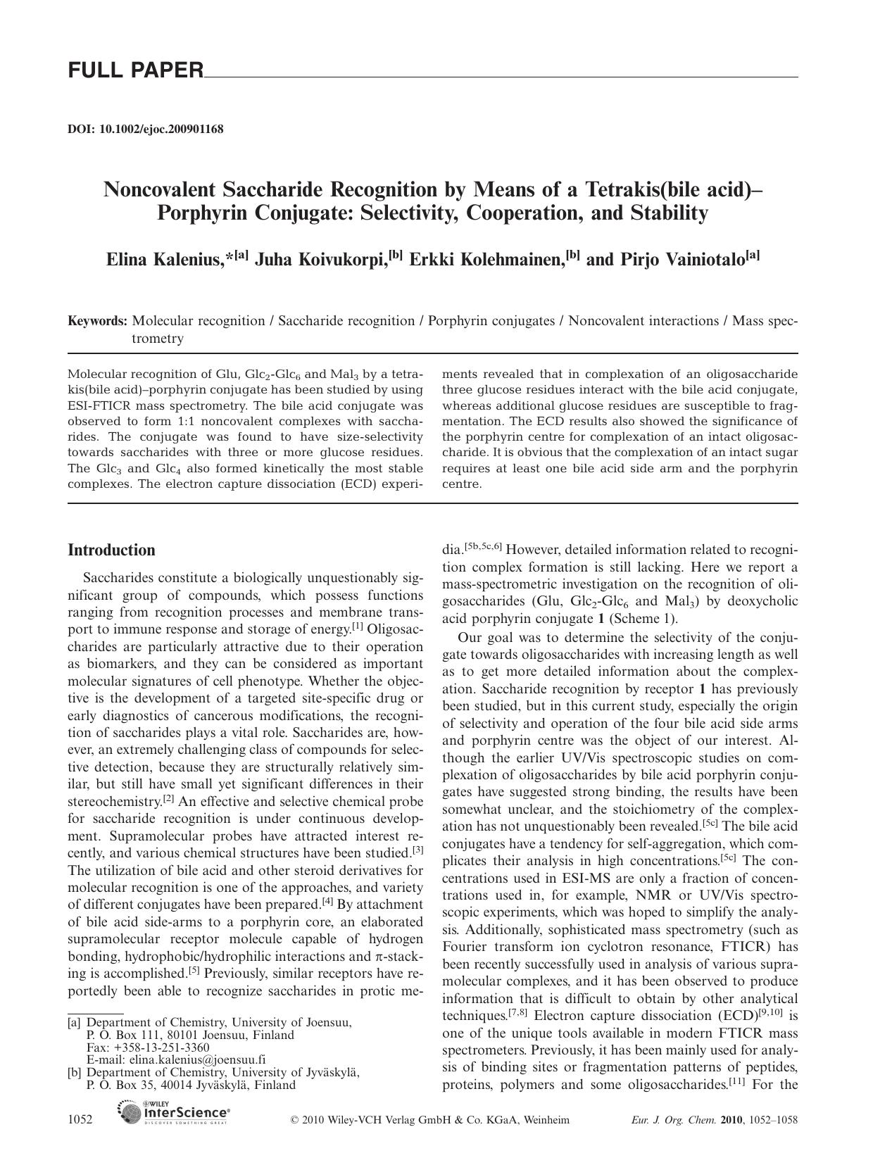 Noncovalent Saccharide Recognition by Means of a Tetrakis(bile acid)-Porphyrin Conjugate: Selectivity, Cooperation, and Stability by Unknown