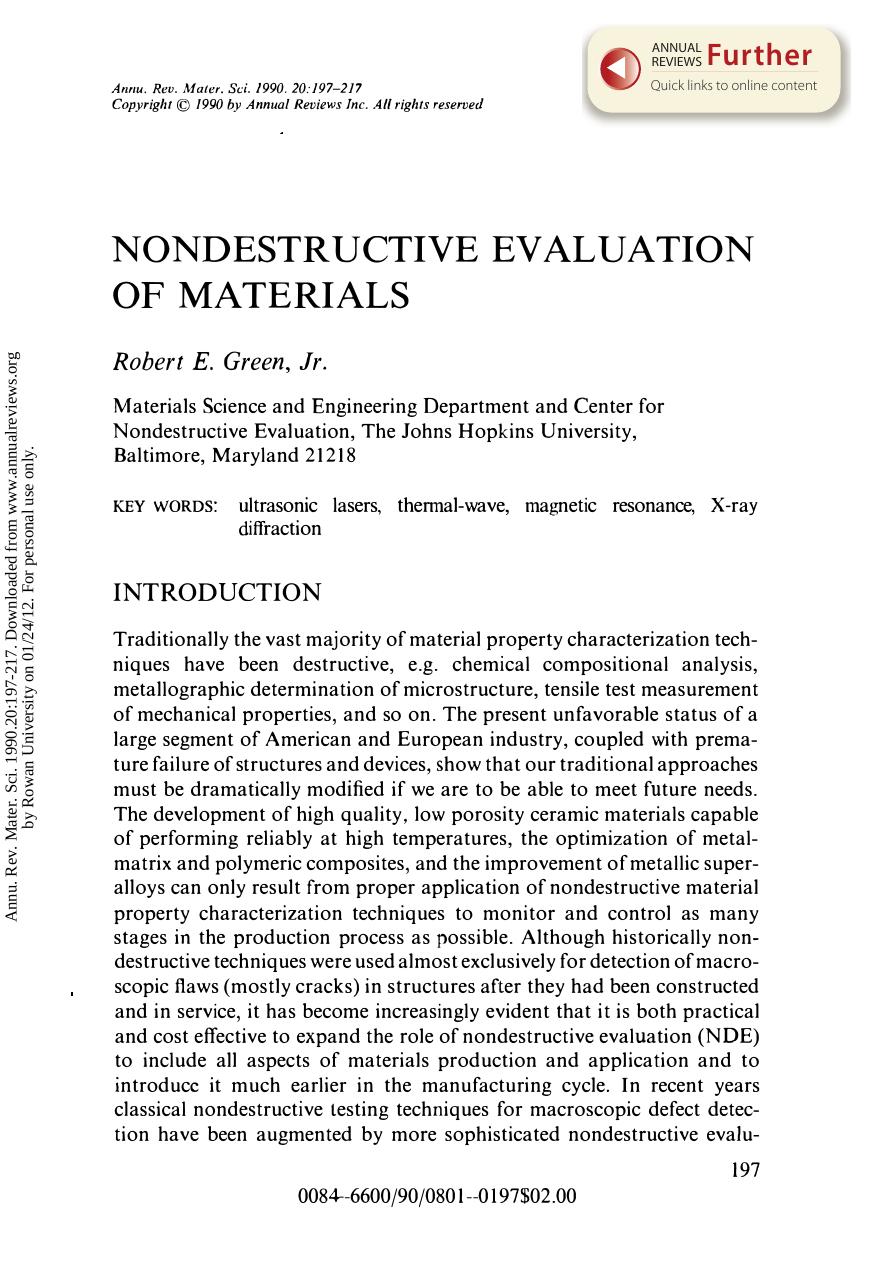 Nondestructive Evaluation of Materials by R E Green Jr
