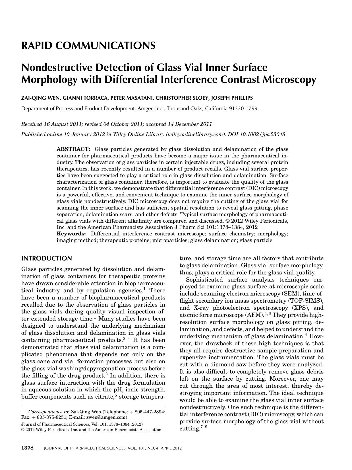 Nondestructive detection of glass vial inner surface morphology with differential interference contrast microscopy by Unknown