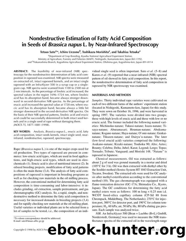Nondestructive estimation of fatty acid composition in seeds of  <Emphasis Type="Italic">Brassica napus <Emphasis> L. by near-infrared spectroscopy by Unknown
