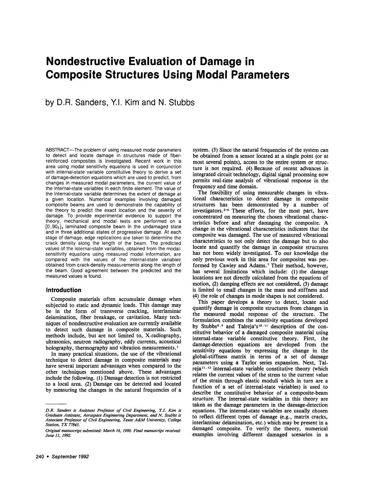 Nondestructive evaluation of damage in composite structures using modal parameters by Unknown