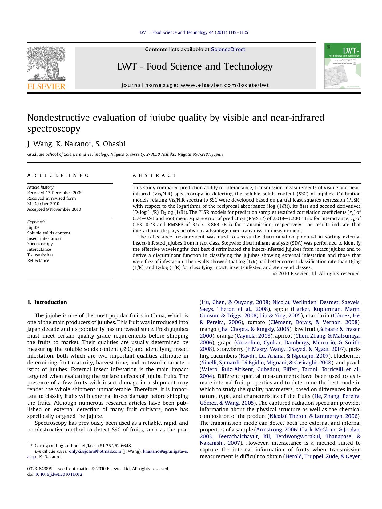 Nondestructive evaluation of jujube quality by visible and near-infrared spectroscopy by J. Wang & K. Nakano & S. Ohashi
