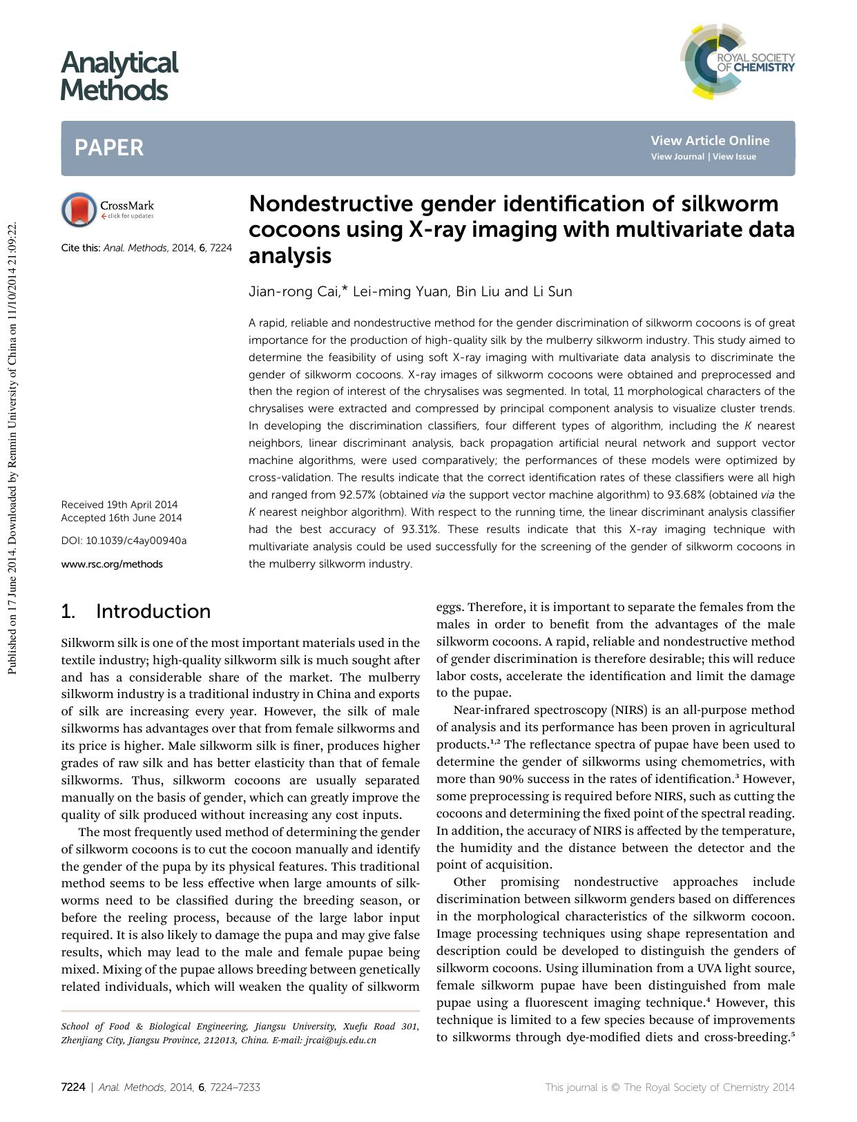 Nondestructive gender identification of silkworm cocoons using X-ray imaging with multivariate data analysis by Jian-rong Cai & Lei-ming Yuan & Bin Liu & Li Sun