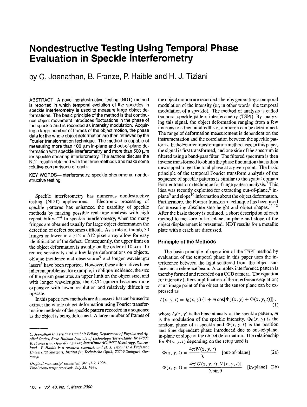 Nondestructive testing using temporal phase evaluation in speckle interferometry by Unknown