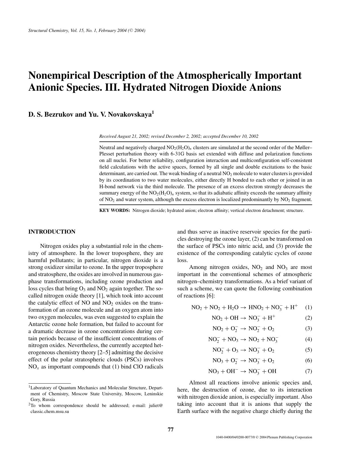 Nonempirical Description of the Atmospherically Important Anionic Species. III. Hydrated Nitrogen Dioxide Anions by Unknown