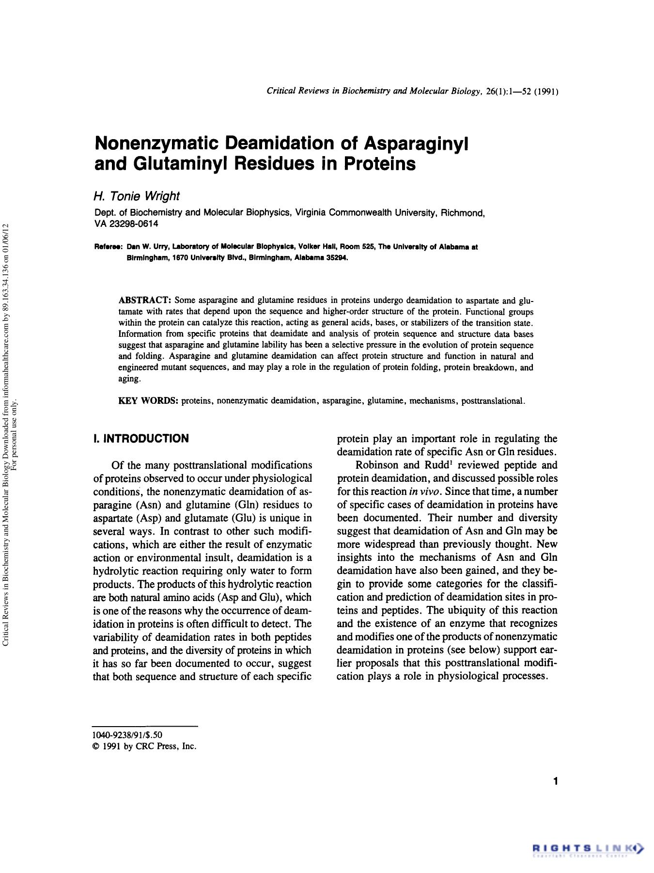 Nonenzymatic Deamidation of Asparaginyl and Glutaminyl Residues in Protein by H. Tonie Wright & Dan W. Urry