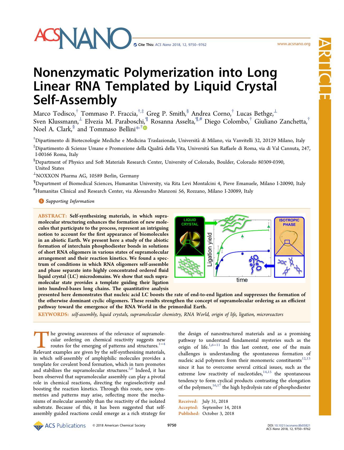 Nonenzymatic Polymerization into Long Linear RNA Templated by Liquid Crystal Self-Assembly by unknow