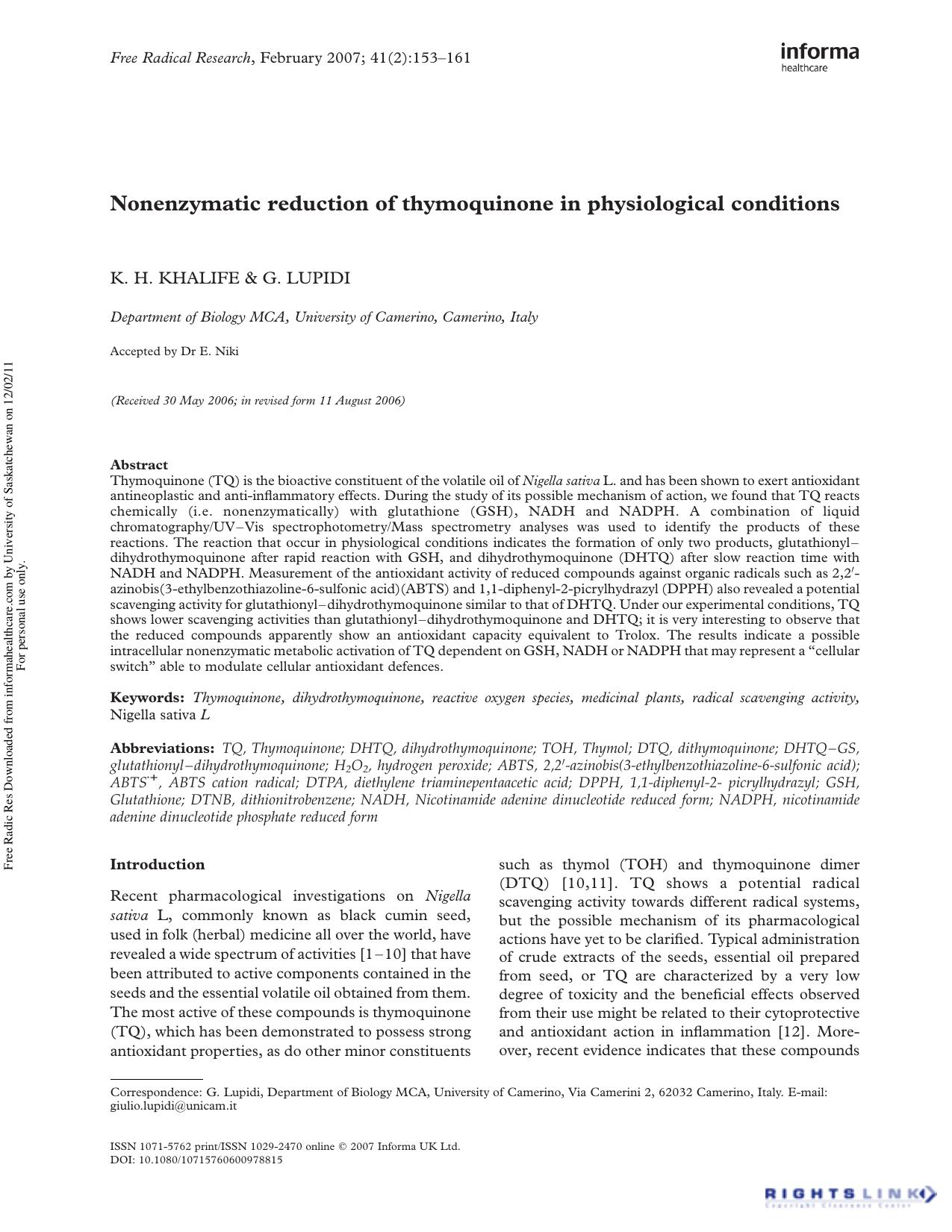 Nonenzymatic reduction of thymoquinone in physiological conditions by K. H. Khalife1 & G. Lupidi1†