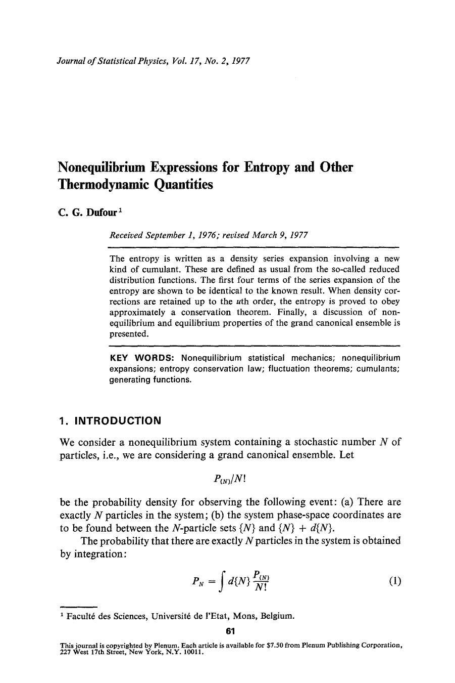 Nonequilibrium expressions for entropy and other thermodynamic quantities by Unknown