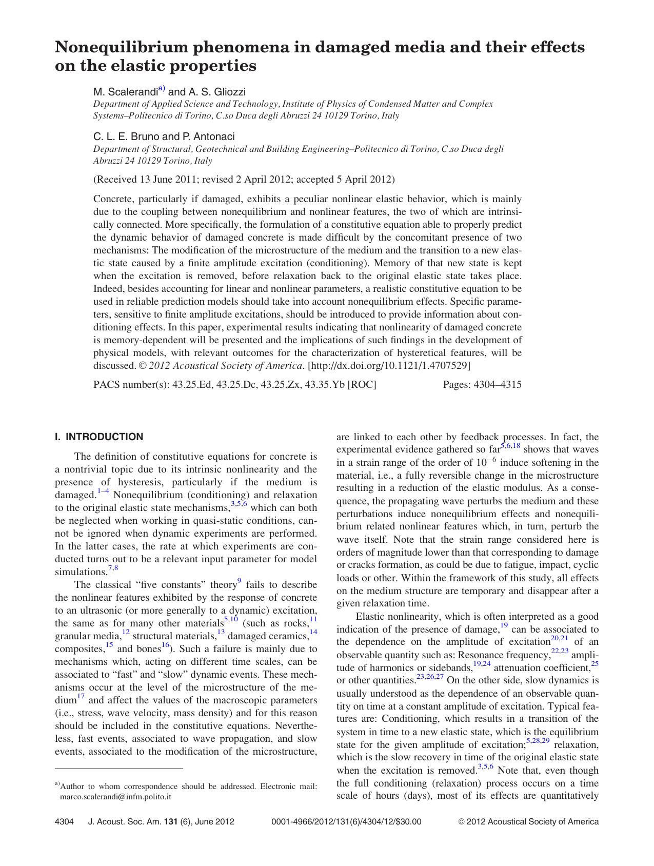 Nonequilibrium phenomena in damaged media and their effects on the elastic properties by M. Scalerandia) and A. S. Gliozzi C. L. E. Bruno and P. Antonaci