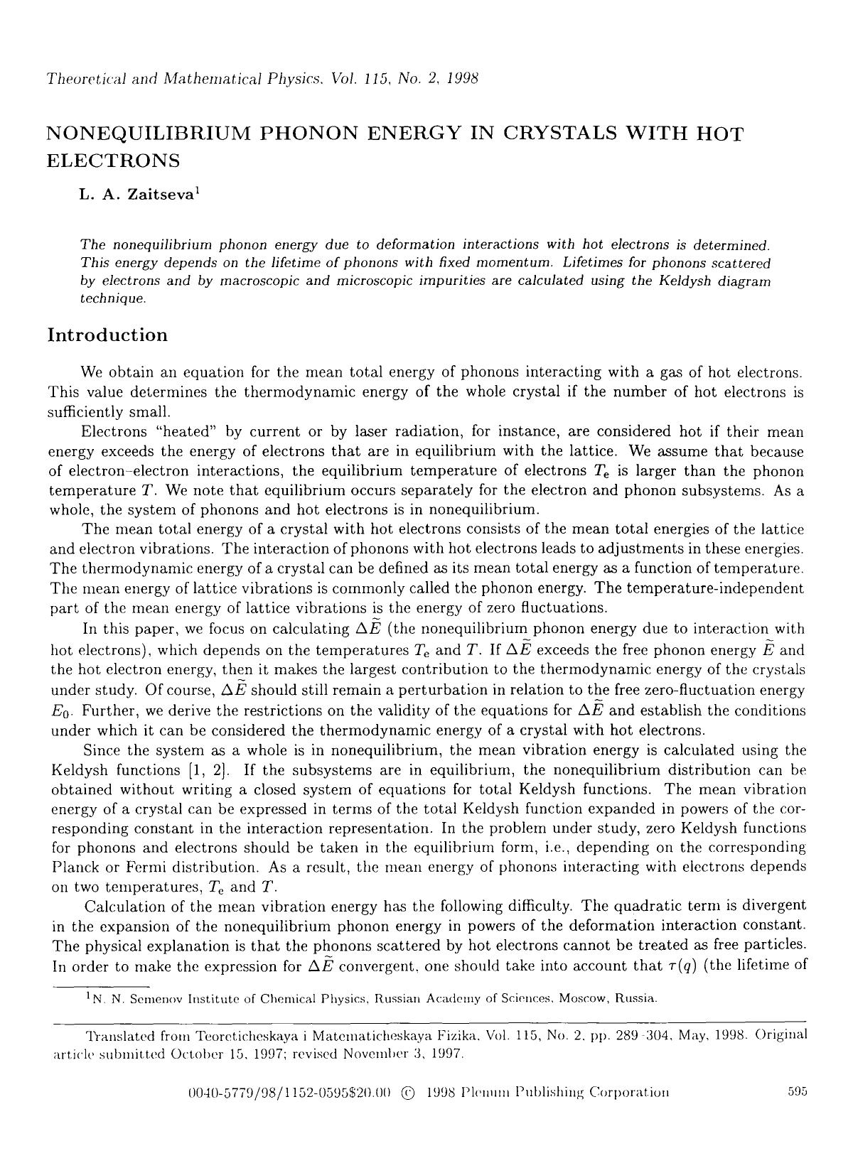 Nonequilibrium phonon energy in crystals with hot electrons by Unknown
