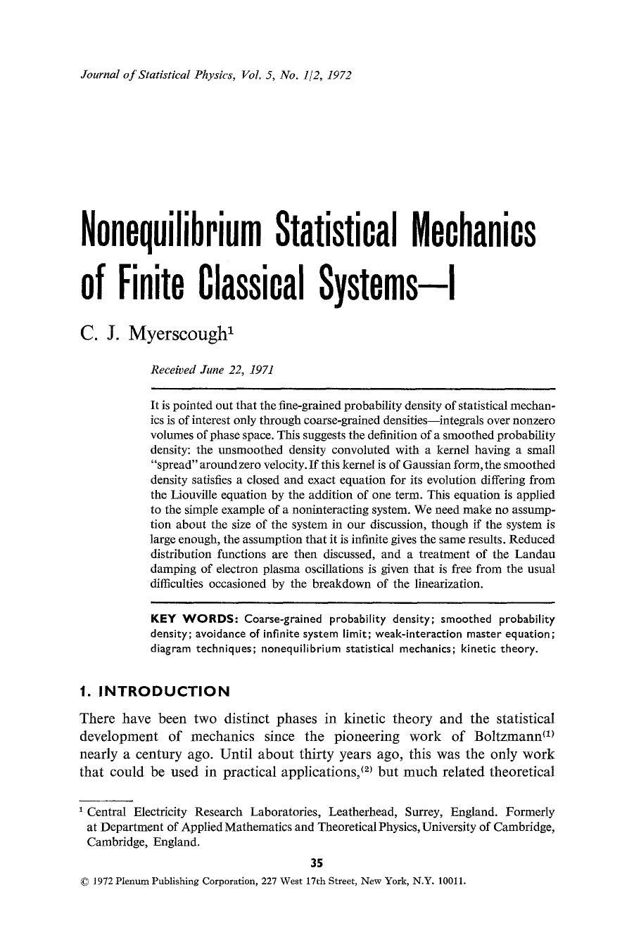 Nonequilibrium statistical mechanics of finite classical systems-I by Unknown