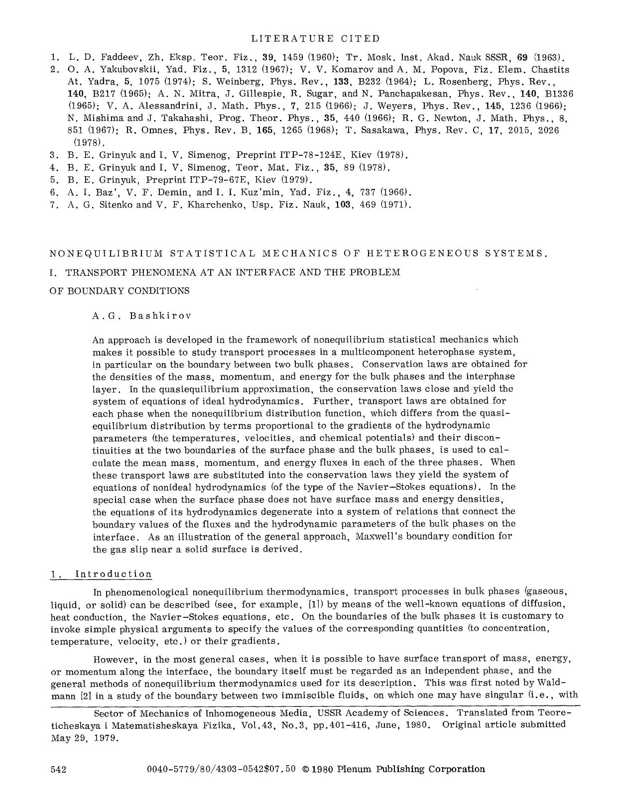 Nonequilibrium statistical mechanics of heterogeneous systems. I. Transport phenomena at an interface and the problem of boundary conditions by Unknown