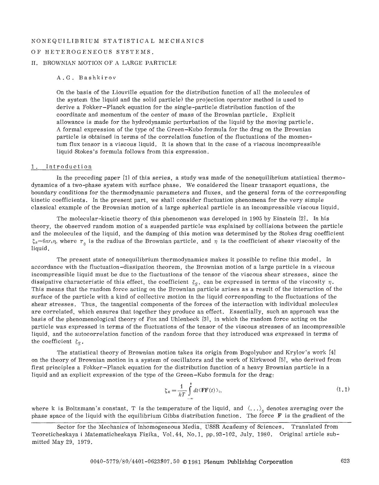 Nonequilibrium statistical mechanics of heterogeneous systems. II. Brownian motion of a large particle by Unknown