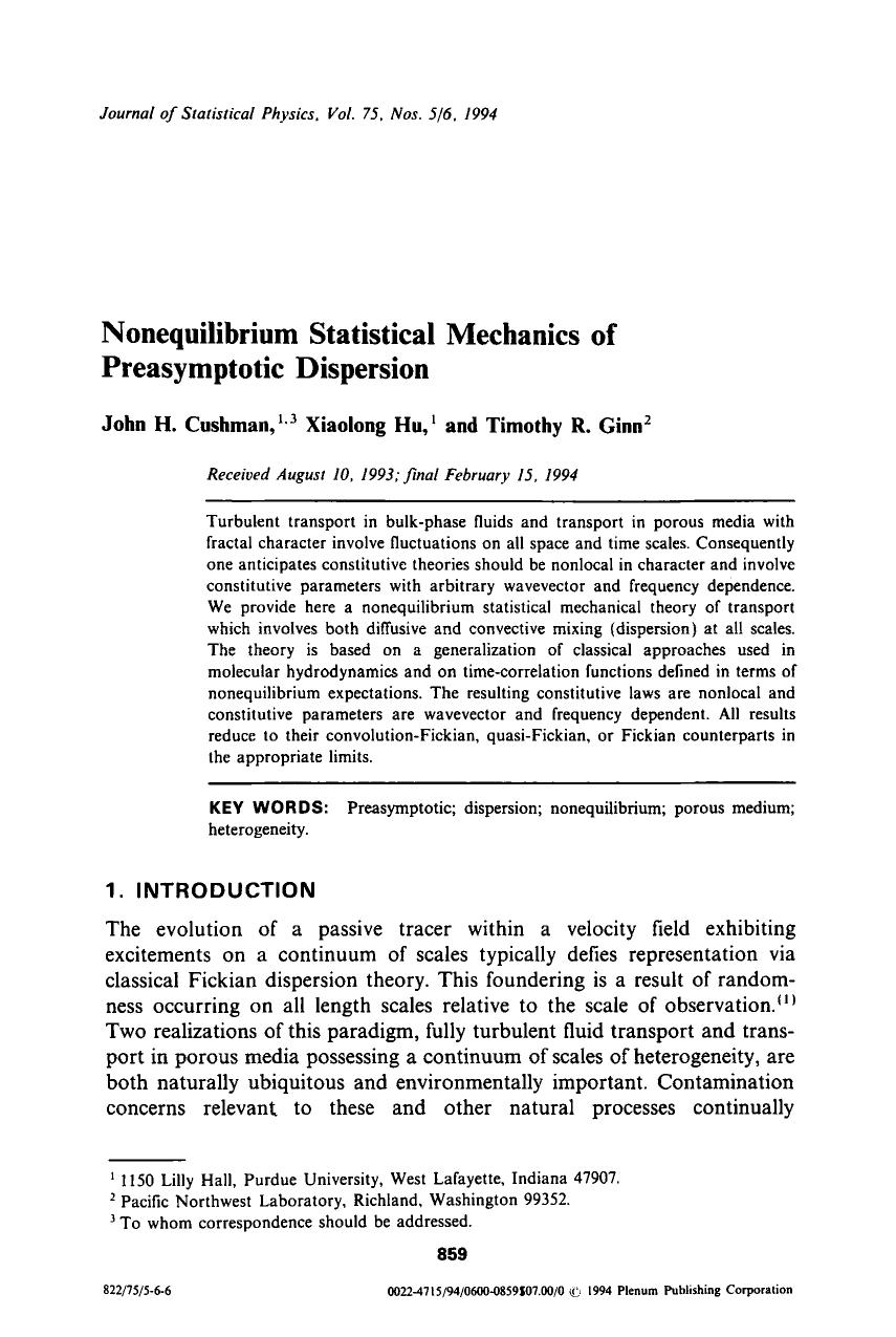 Nonequilibrium statistical mechanics of preasymptotic dispersion by Unknown