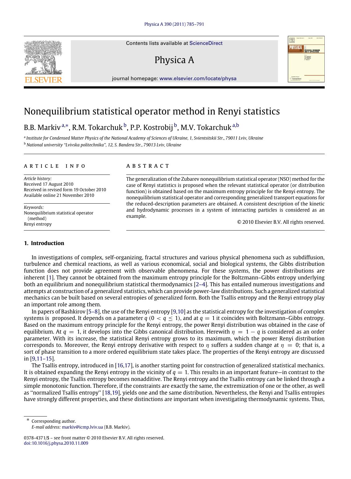 Nonequilibrium statistical operator method in Renyi statistics by B.B. Markiv & R.M. Tokarchuk & P.P. Kostrobij & M.V. Tokarchuk
