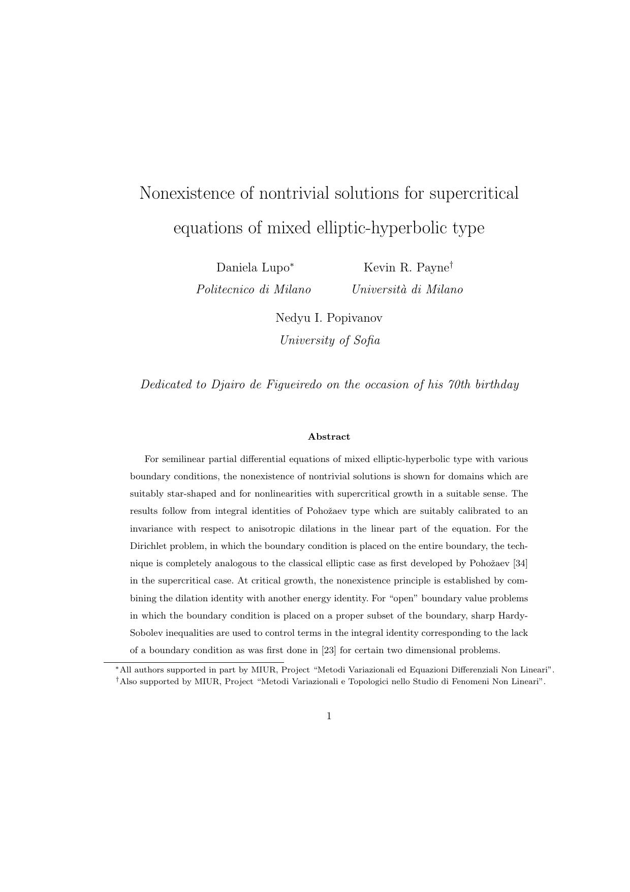 Nonexistence of nontrivial solutions for supercritical equations of mixed elliptic-hyperbolic type by Lupo D. Payne K.R. Popivanov N.I