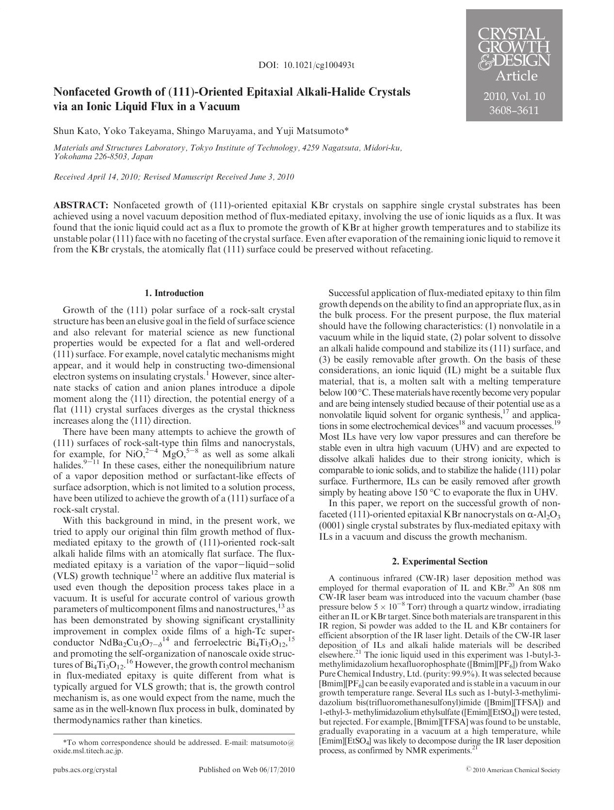 Nonfaceted Growth of (111)-Oriented Epitaxial Alkali-Halide Crystals via an Ionic Liquid Flux in a Vacuum by Unknown