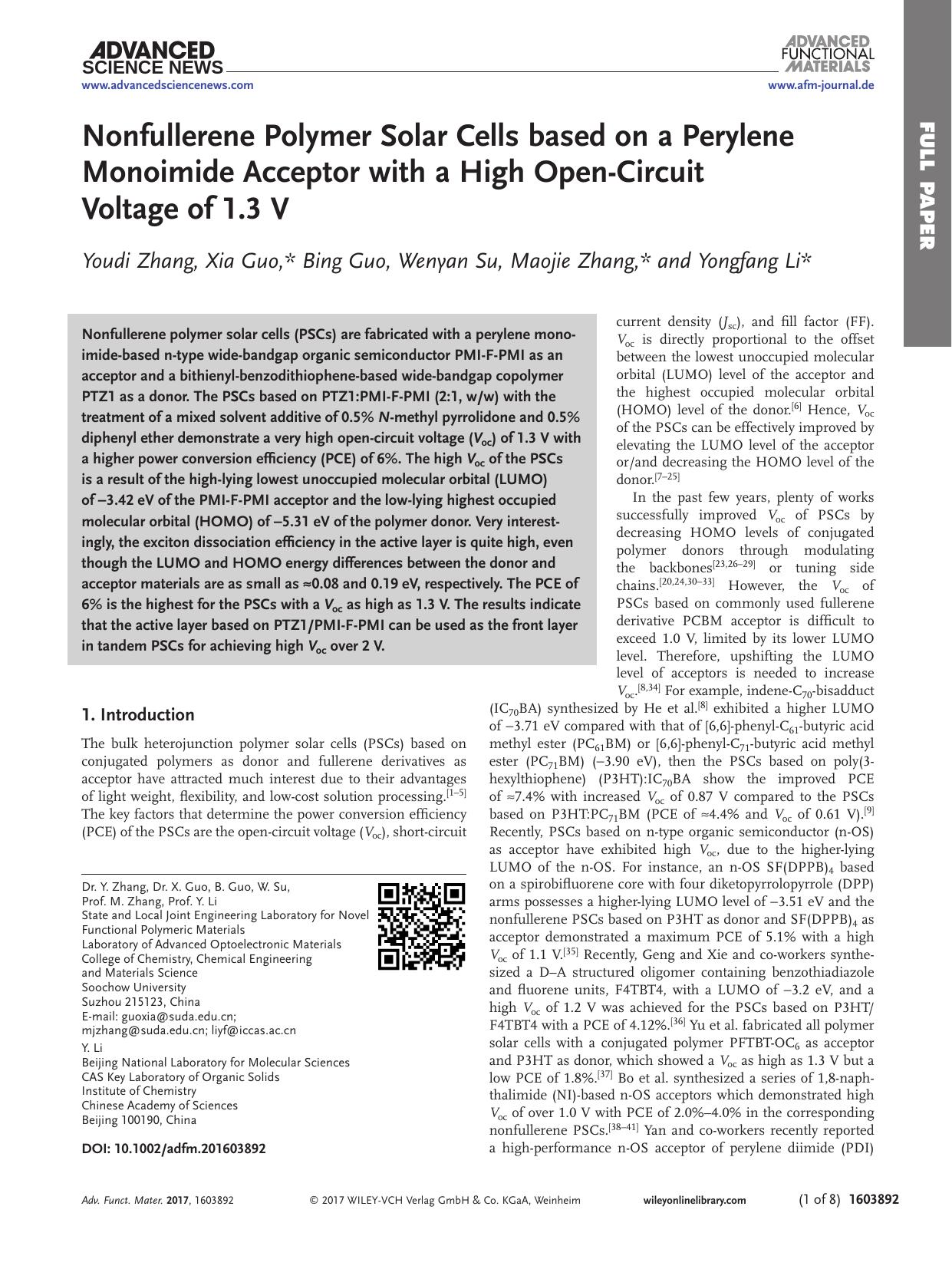 Nonfullerene Polymer Solar Cells based on a Perylene Monoimide Acceptor with a High Open‐Circuit Voltage of 1.3 V by Unknown