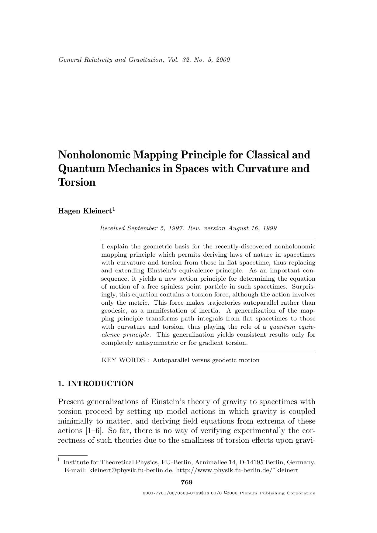 Nonholonomic Mapping Principle for Classical and Quantum Mechanics in Spaces with Curvature and Torsion by Unknown