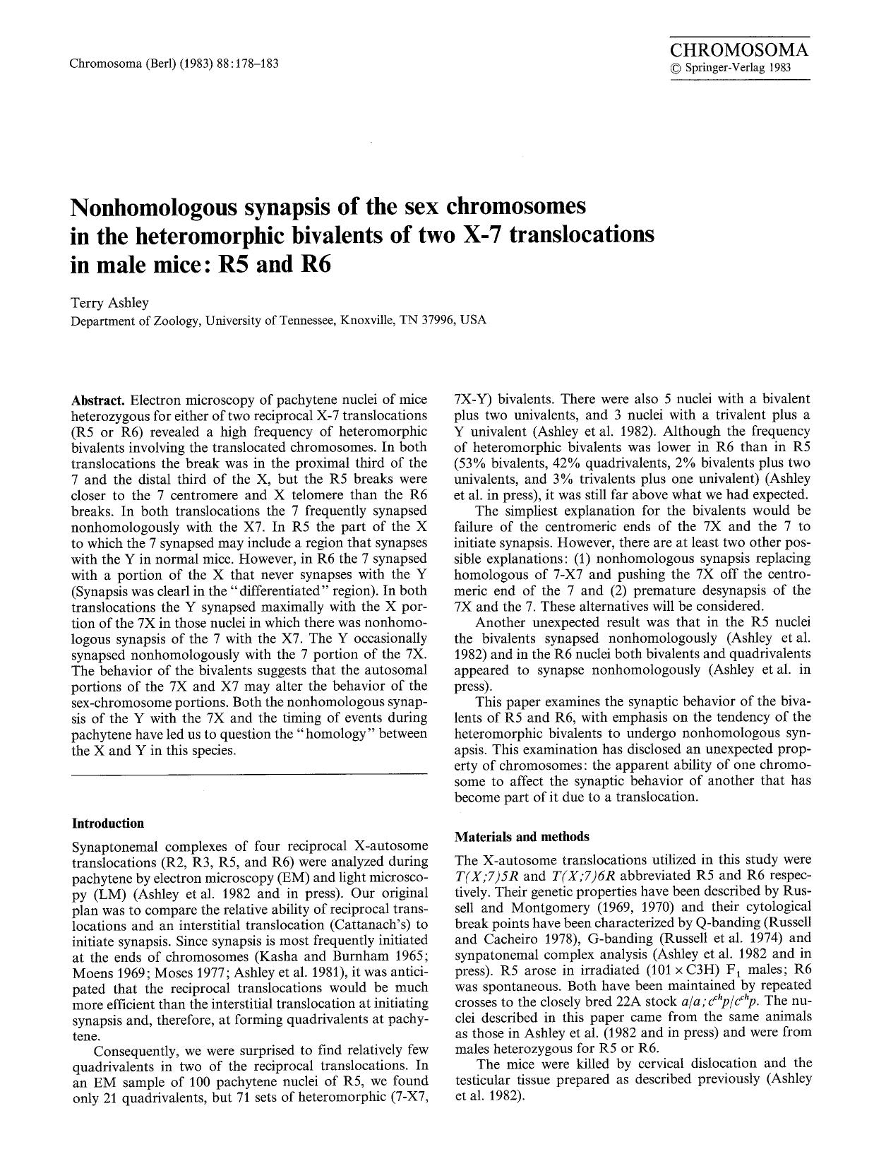 Nonhomologous synapsis of the sex chromosomes in the heteromorphic bivalents of two X-7 translocations in male mice: R5 and R6 by Unknown