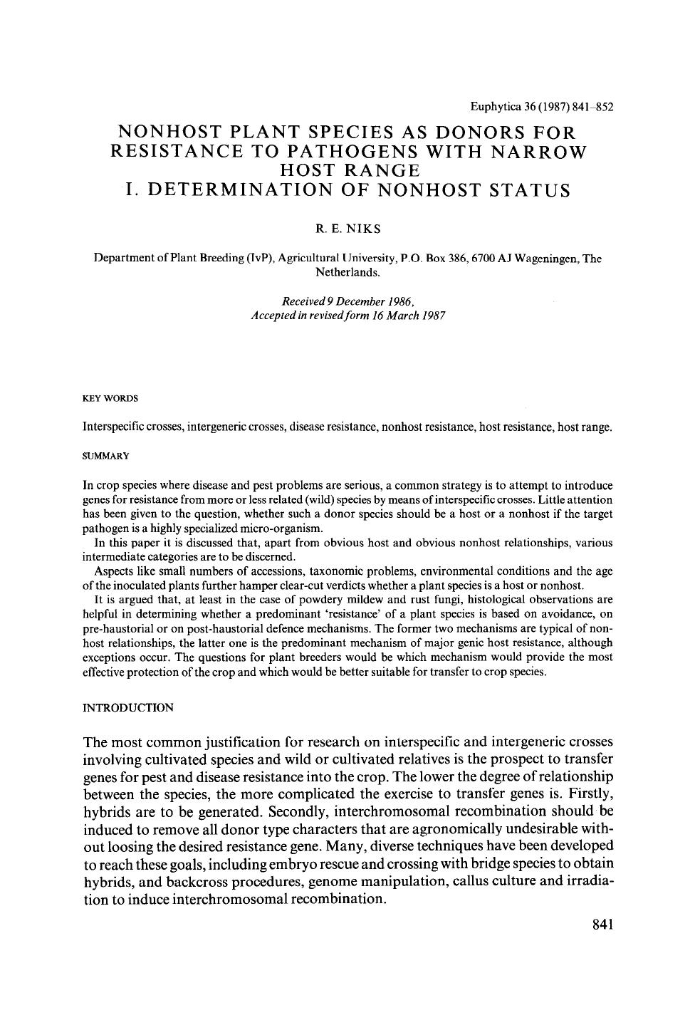 Nonhost plant species as donors for resistance to pathogens with narrow host range I. Determination of nonhost status by Unknown