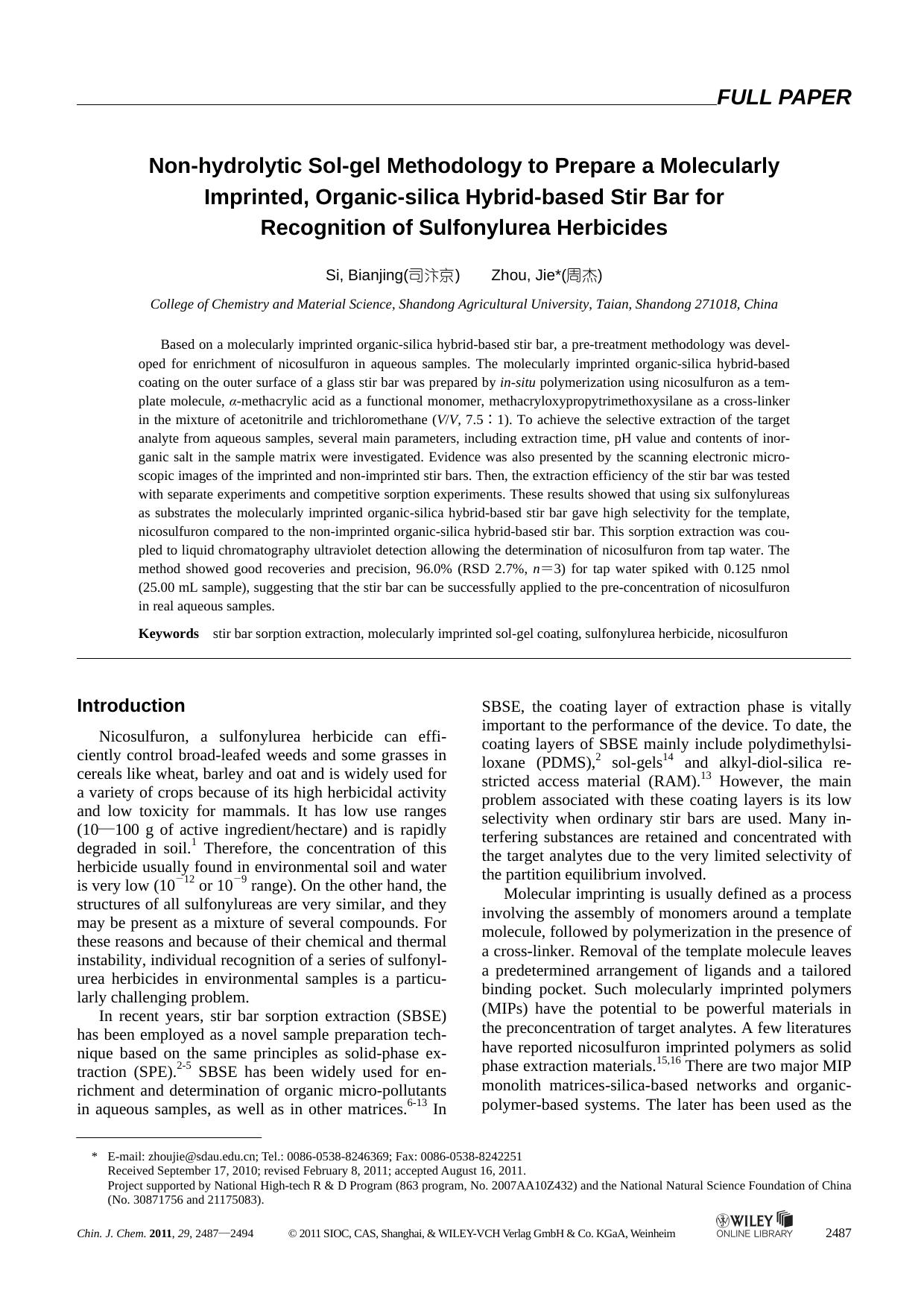 Nonhydrolytic Solgel Methodology to Prepare a Molecularly Imprinted, Organicsilica Hybridbased Stir Bar for Recognition of Sulfonylurea Herbicides by uy
