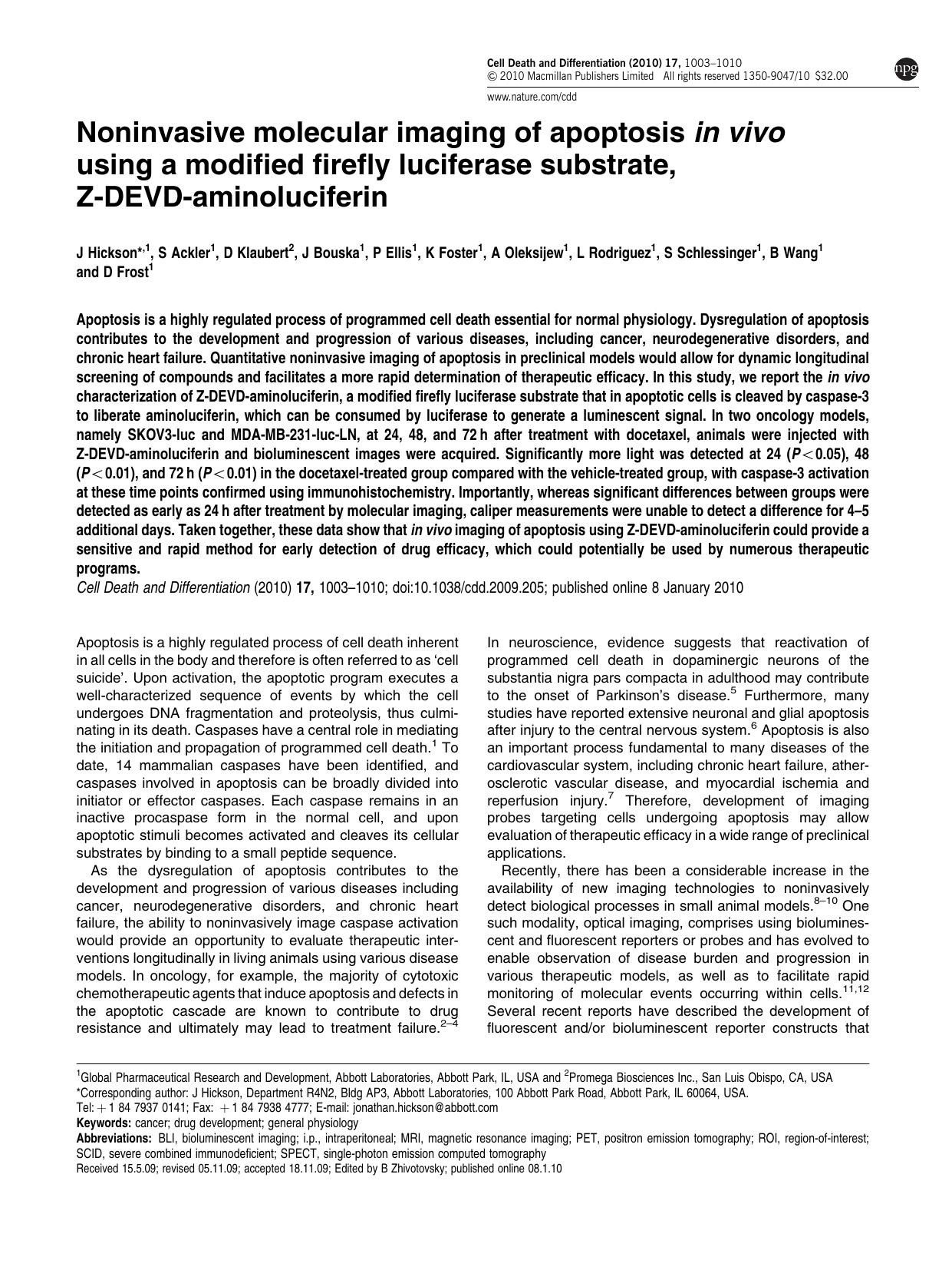 Noninvasive molecular imaging of apoptosis in vivo using a modified firefly luciferase substrate, Z-DEVD-aminoluciferin by unknow