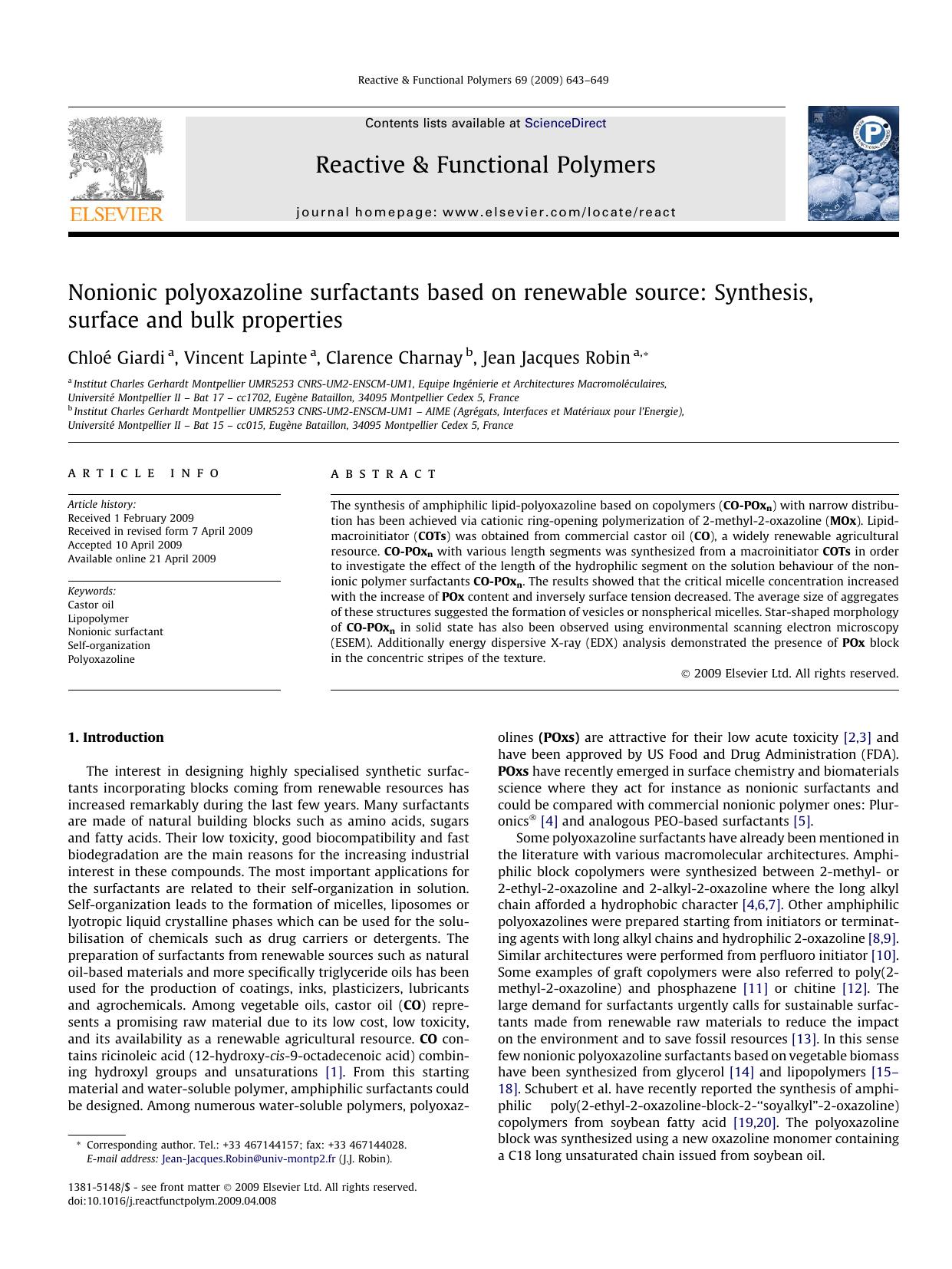 Nonionic polyoxazoline surfactants based on renewable source: Synthesis, surface and bulk properties by Chloé Giardi; Vincent Lapinte; Clarence Charnay; Jean Jacques Robin