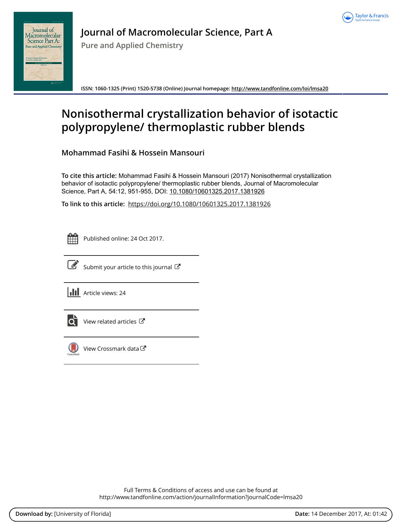 Nonisothermal crystallization behavior of isotactic polypropylene thermoplastic rubber blends by Mohammad Fasihi & Hossein Mansouri