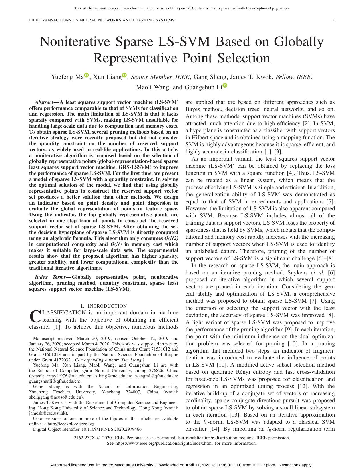 Noniterative Sparse LS-SVM Based on Globally Representative Point Selection by Yuefeng Ma & Xun Liang & Gang Sheng & James T. Kwok & Maoli Wang & Guangshun Li
