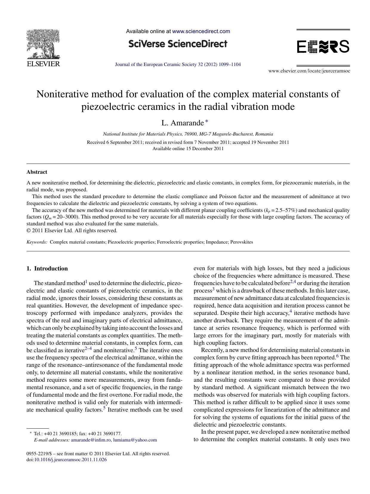 Noniterative method for evaluation of the complex material constants of piezoelectric ceramics in the radial vibration mode by L. Amarande