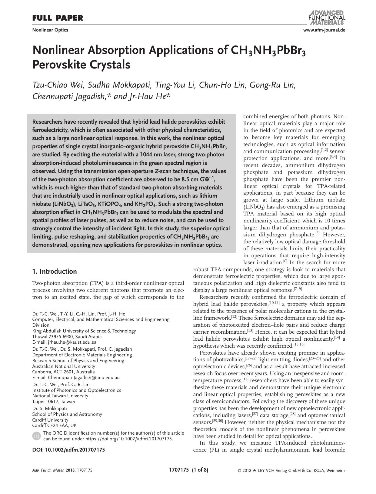 Nonlinear Absorption Applications of CH3NH3PbBr3 Perovskite Crystals by Unknown