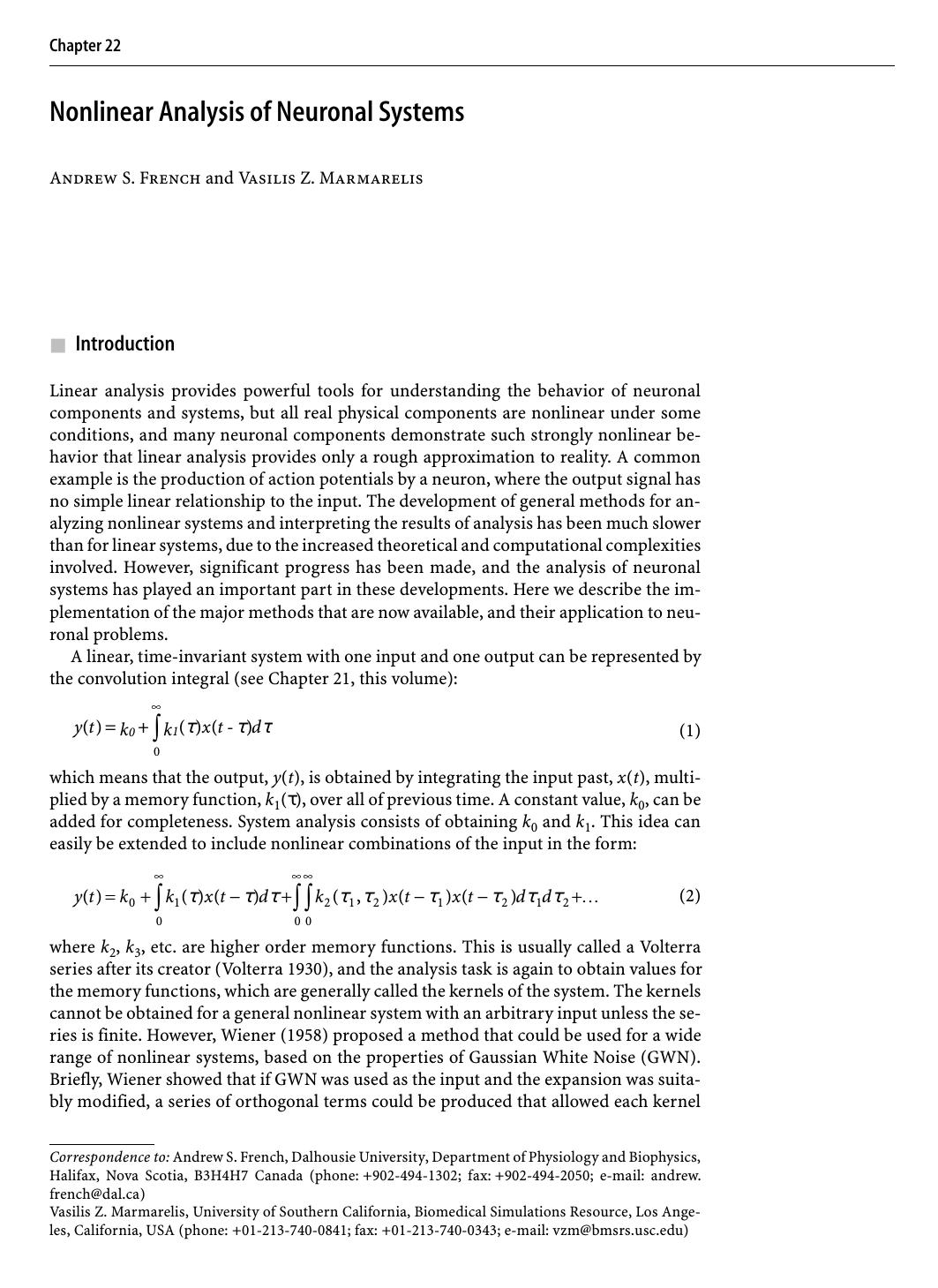 Nonlinear Analysis of Neuronal Systems by Andrew S. French & Vasilis Z. Marmarelis