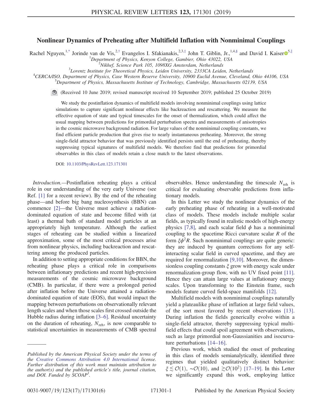 Nonlinear Dynamics of Preheating after Multifield Inflation with Nonminimal Couplings by Rachel Nguyen & Jorinde van de Vis & Evangelos I. Sfakianakis & John T. Giblin Jr. & David I. Kaiser