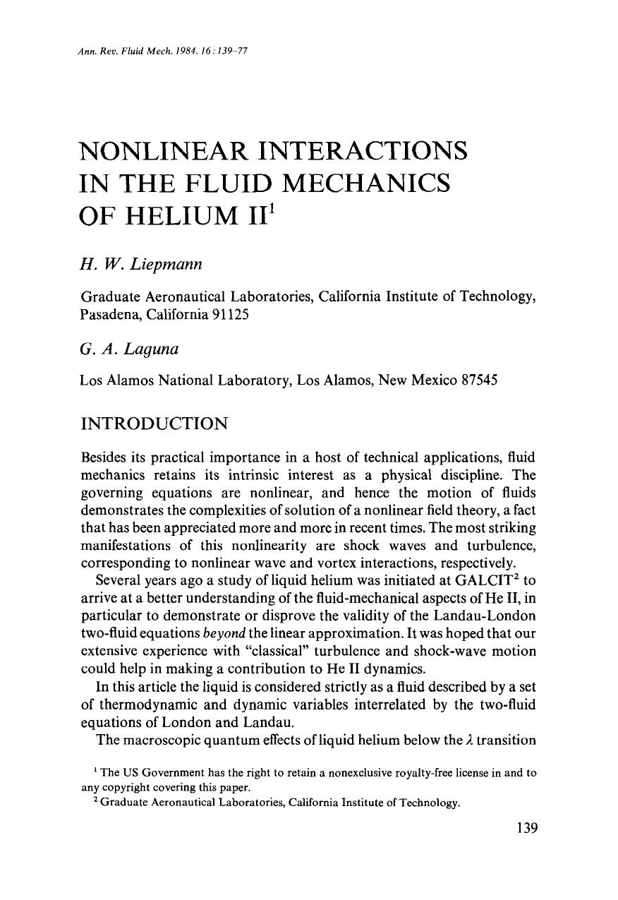 Nonlinear Interactions in the Fluid Mechanics of Helium II by H W Liepmann and G A Laguna