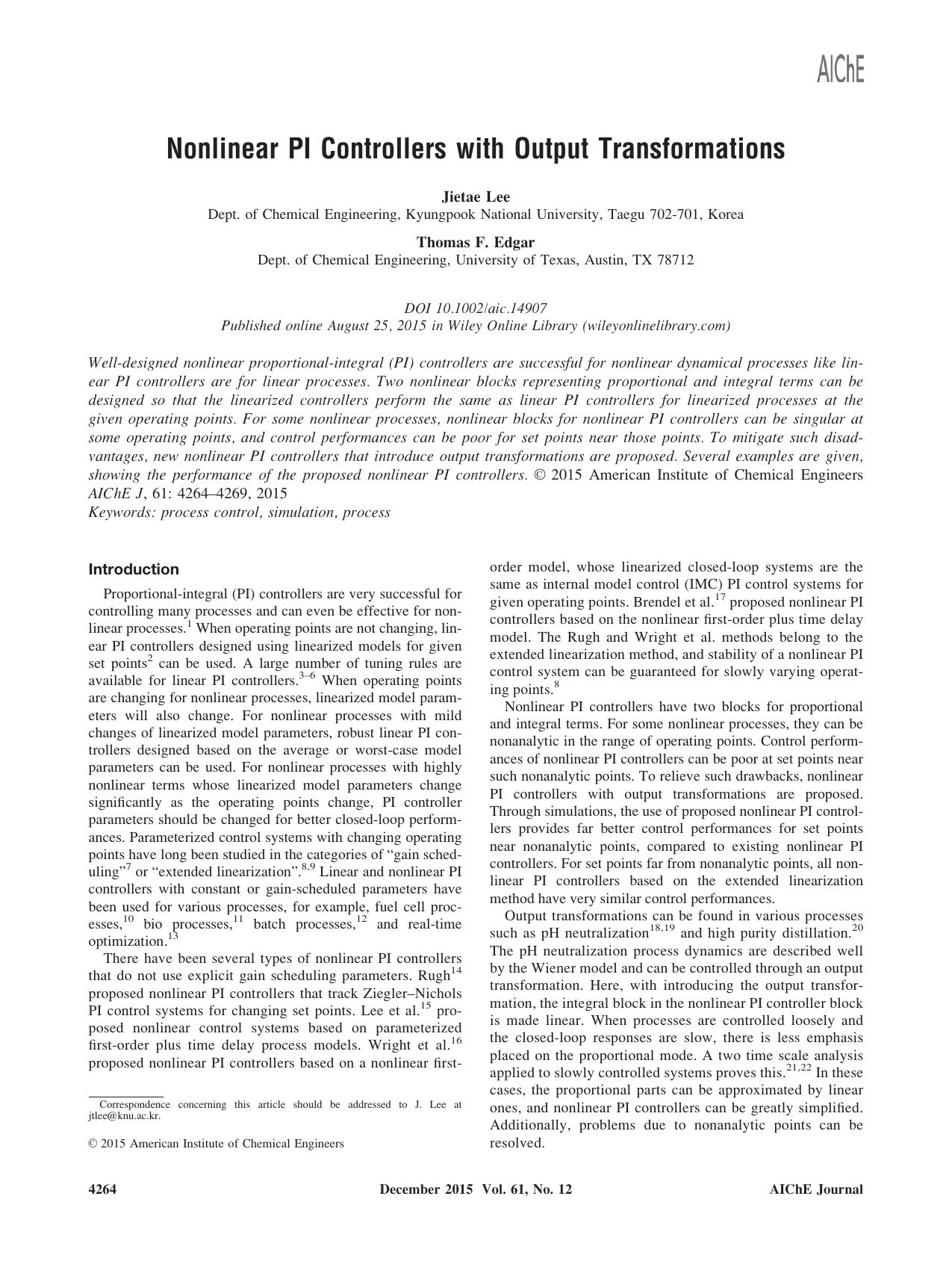 Nonlinear PI Controllers with Output Transformations by Unknown