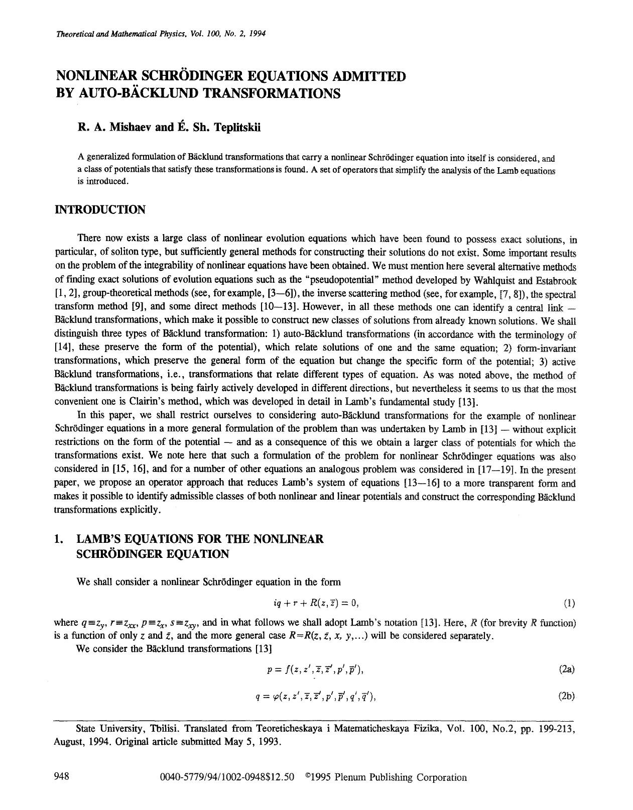 Nonlinear Schrödinger equations admitted by auto-Bäcklund transformations by Unknown