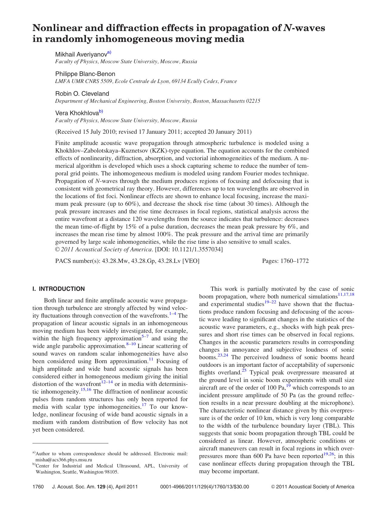 Nonlinear and diffraction effects in propagation of N-waves in randomly inhomogeneous moving media by Mikhail Averiyanov & Philippe Blanc-Benon & Robin O. Cleveland & Vera Khokhlova