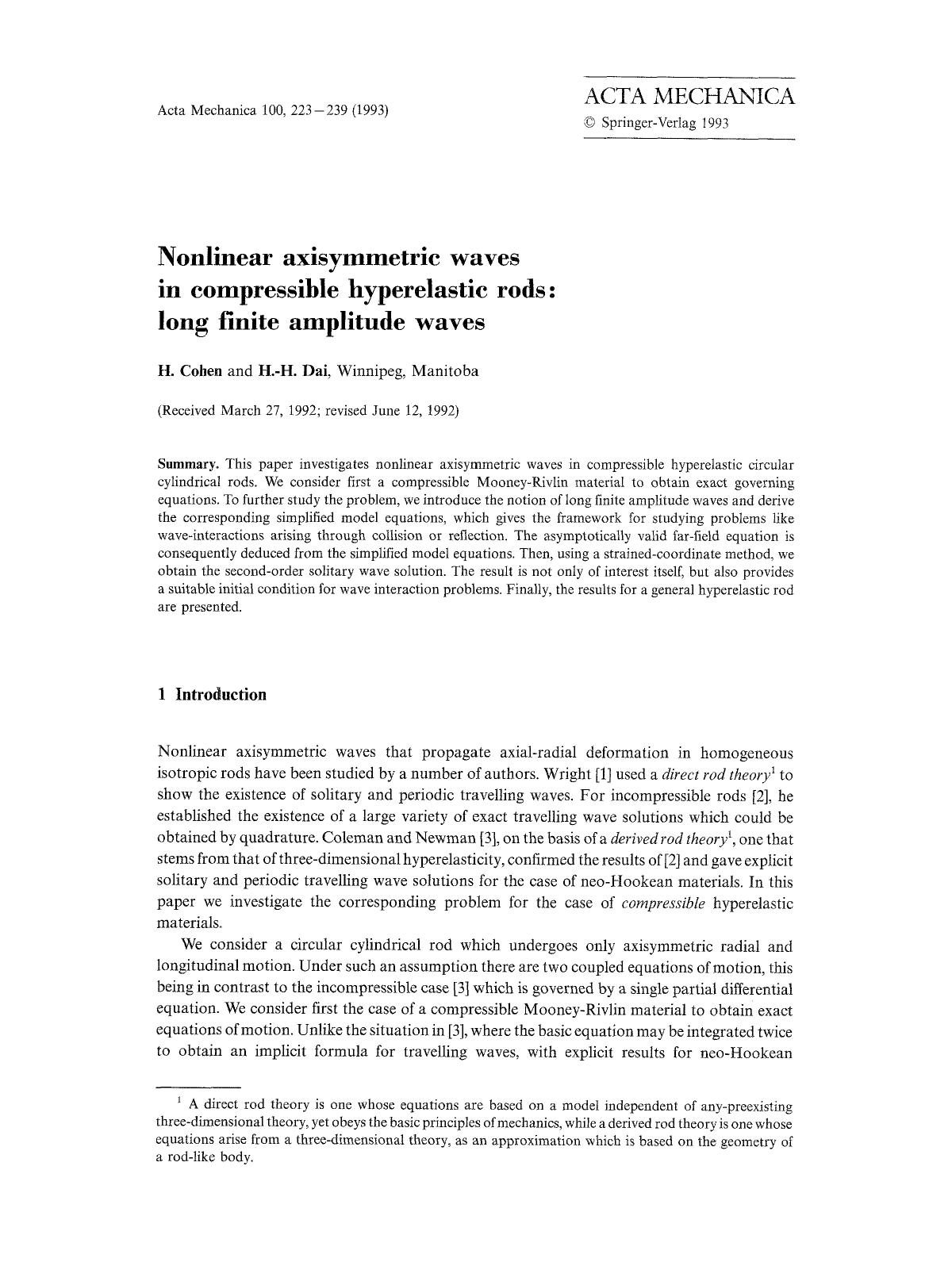 Nonlinear axisymmetric waves in compressible hyperelastic rods: long finite amplitude waves by Unknown