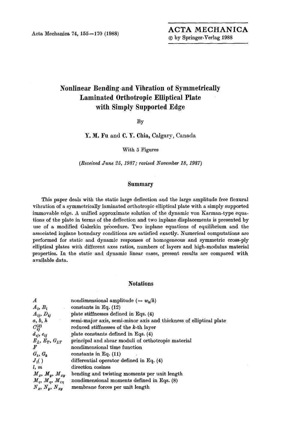 Nonlinear bending and vibration of symmetrically laminated orthotropic elliptical plate with simply supported edge by Unknown