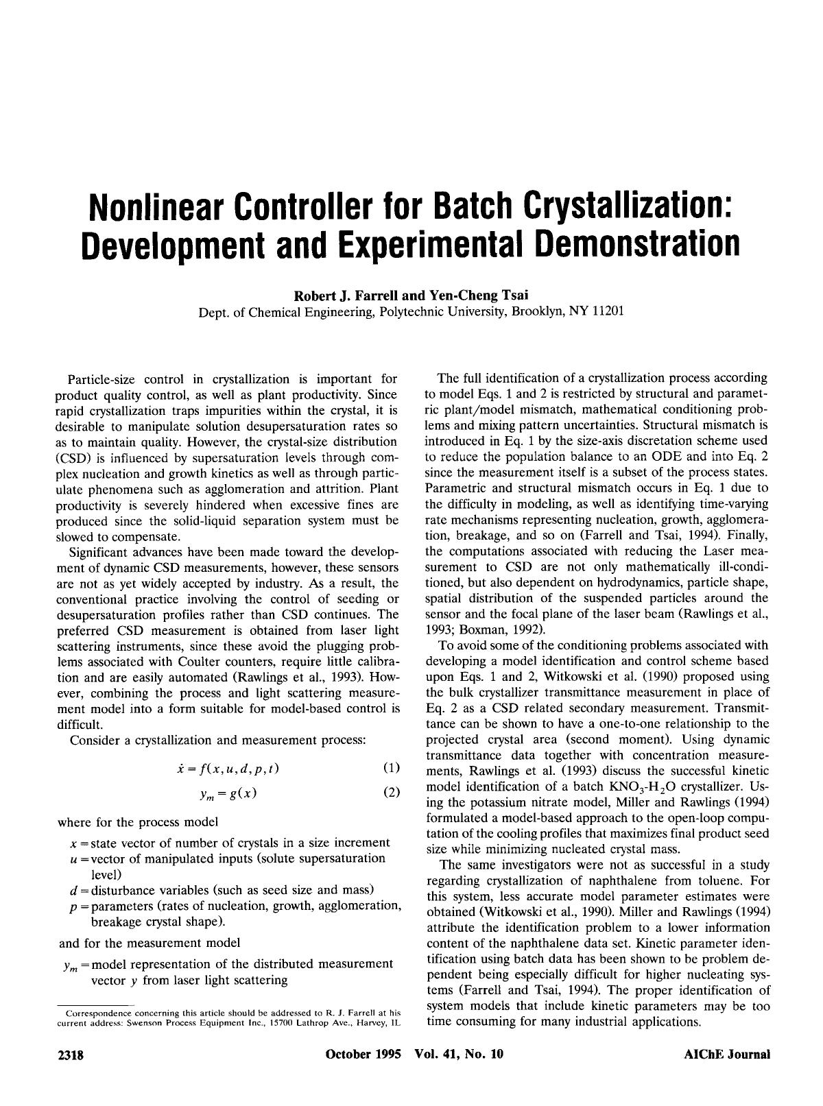 Nonlinear controller for batch crystallization: Development and experimental demonstration by Unknown