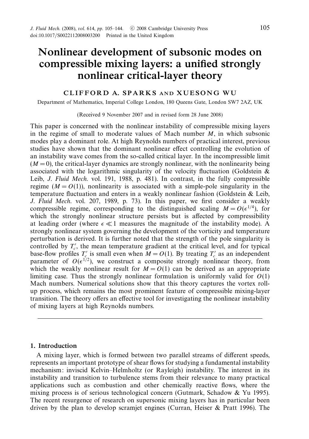 Nonlinear development of subsonic modes on compressible mixing layers: a unified strongly nonlinear critical-layer theory by CLIFFORD A. SPARKS XUESONG WU