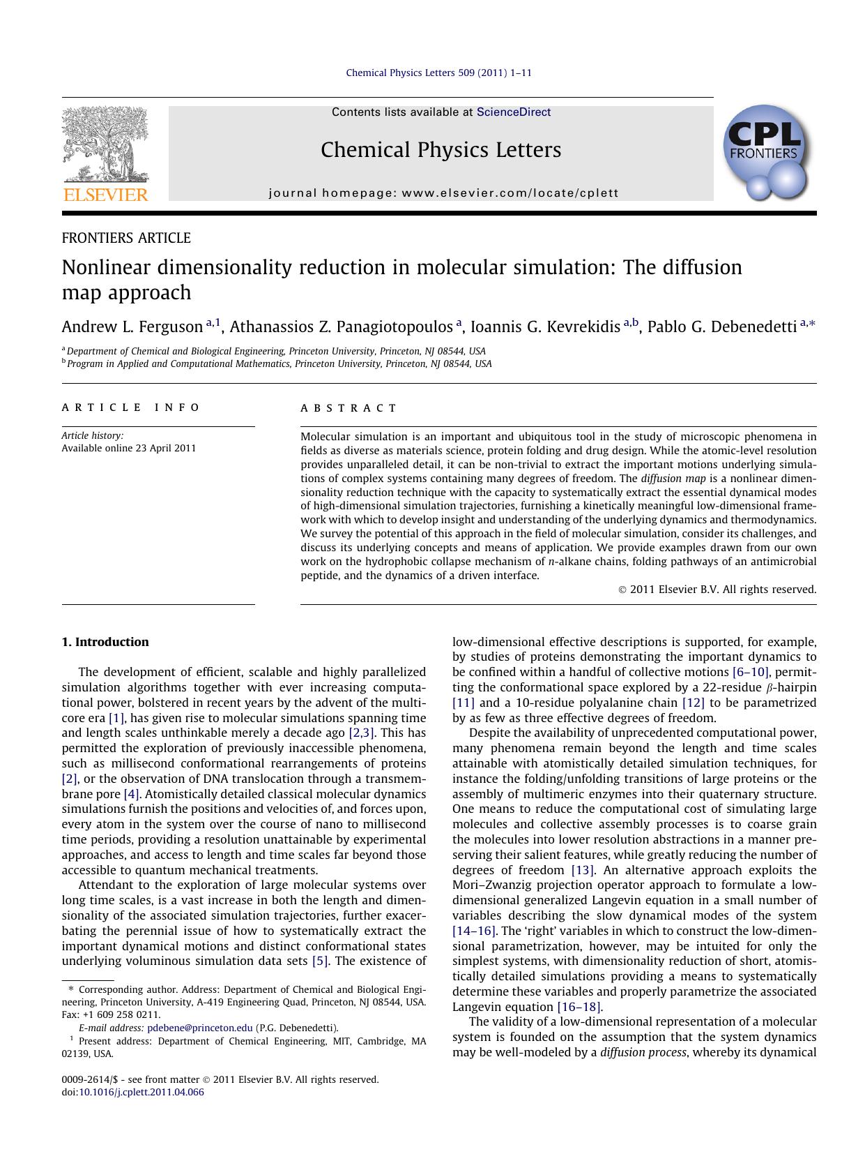 Nonlinear dimensionality reduction in molecular simulation: The diffusion map approach by Andrew L. Ferguson & Athanassios Z. Panagiotopoulos & Ioannis G. Kevrekidis & Pablo G. Debenedetti